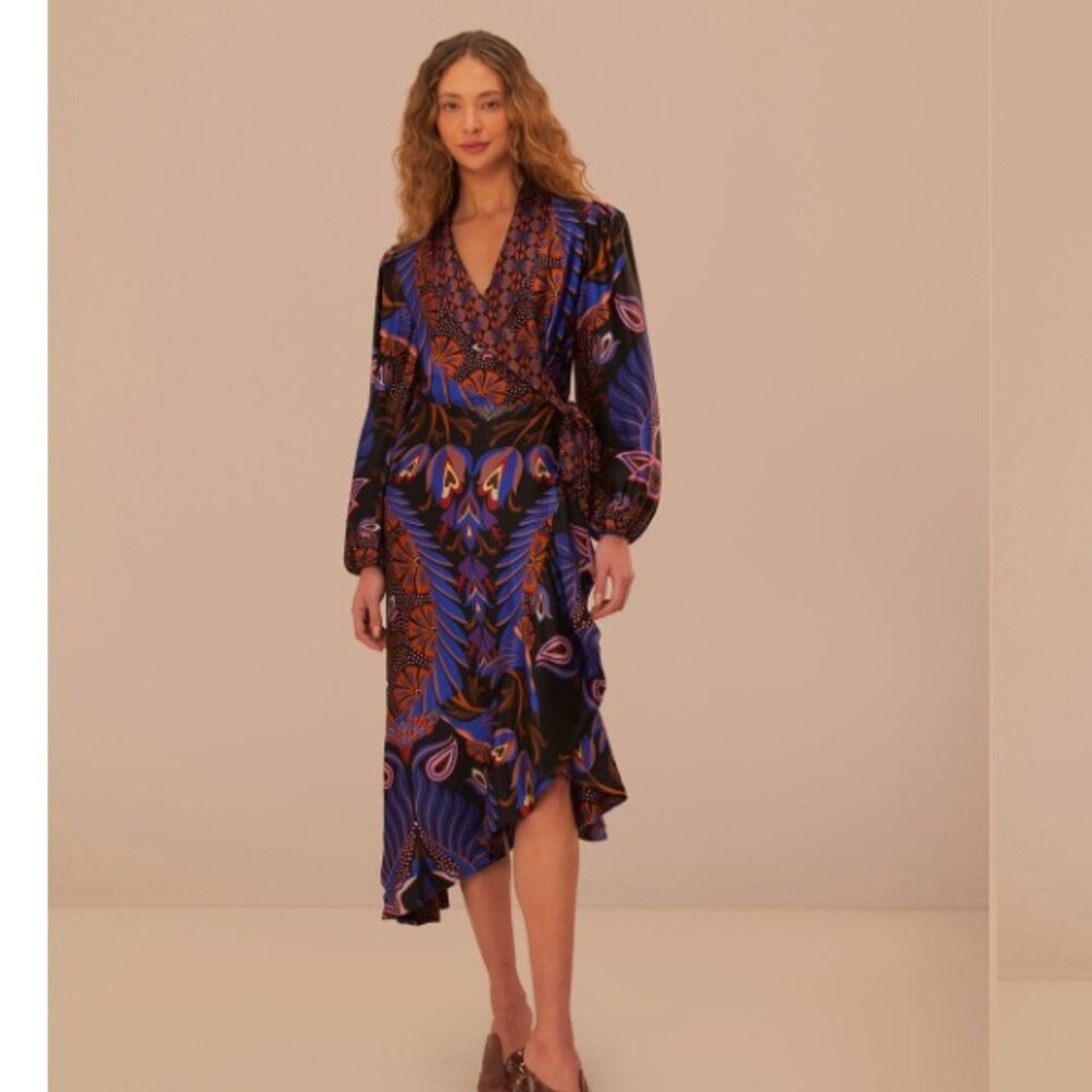 FARM Rio heart forest black long sleeve midi dress